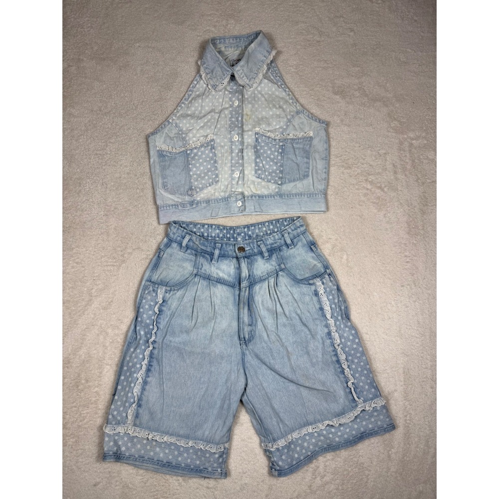 Bugle Boy Denim Set Women XS Blue Good Lace Polka Dot 90s Vintage‎ Halter Shorts